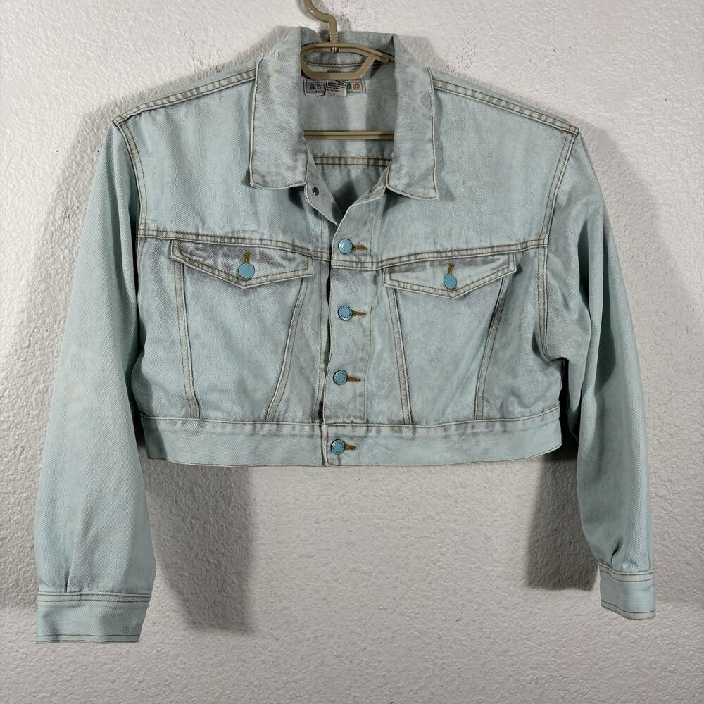 Vintage 1980s A'Milano Denim Jacket Womens Size M Blue‎ Cropped Distressed